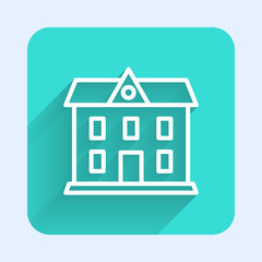 White line School building icon isolated with long shadow. Green square button. Vector
