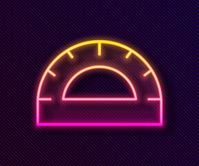 Glowing neon line Protractor grid for measuring degrees icon isolated on black background. Tilt angle meter. Measuring tool. Geometric symbol. Vector