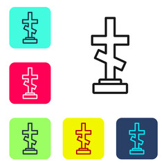 Black line Grave with cross icon isolated on white background. Set icons in color square buttons. Vector