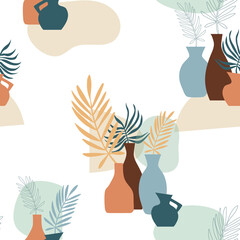 Seamless pattern with abstract composition of simple shapes. Tropical palm leaves in a vase. Collage style, minimalism. Pastel earthy colors. Vector background for cover, print for clothes, textiles