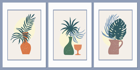 Fototapeta na wymiar A set of templates with an abstract composition of simple shapes. Tropical palm leaves in a vase. Collage style, minimalism. Pastel earthy colors. Vector banners for posters and social media
