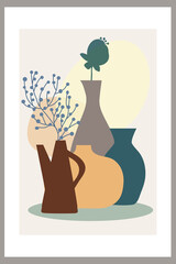 Template with abstract composition of simple shapes. tropical palm leaves in a vase. Collage style, minimalism. Pastel earthy colors. Vector banners for postcards and covers for social networks