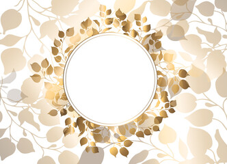 Gold frame. Vector round frame with golden branches in vintage style. Gradient background. Place for an inscription. 3d effect