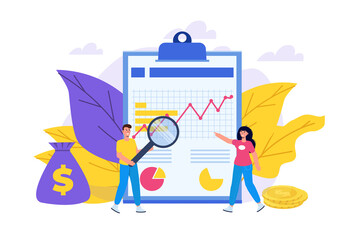 Money stories. Financial management concept.  Financial examiner. Vector illustration.