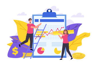 Money stories. Financial management concept.  Financial examiner. Vector illustration.