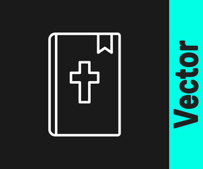 White line Holy bible book icon isolated on black background. Vector