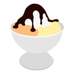 Frozen dessert ice cream in a bowl with cholocate syrup