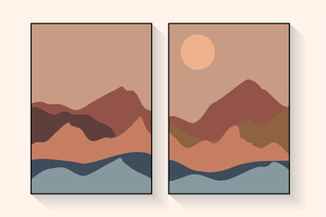 A trendy set of minimalistic abstract collages of mountain landscapes with sunrise, sunset,and moon. The walls are decorated in pastel colors in the boho style. Wall art of the early mid-century.