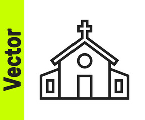 Black line Church building icon isolated on white background. Christian Church. Religion of church. Vector