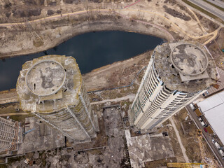 Unfinished high-rise buildings in Kiev. Aerial drone view.