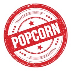 POPCORN text on red round grungy stamp.