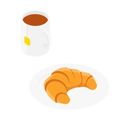 French breakfest croissant and mug of tea isolated on white background