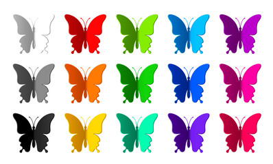 Set of fifteen colored paper butterflies isolated on white background. Silhouette of a butterfly is perfect for stickers, icons, greeting cards and gift certificates