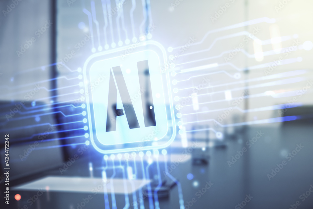Poster double exposure of creative artificial intelligence icon on a modern meeting room background. neural