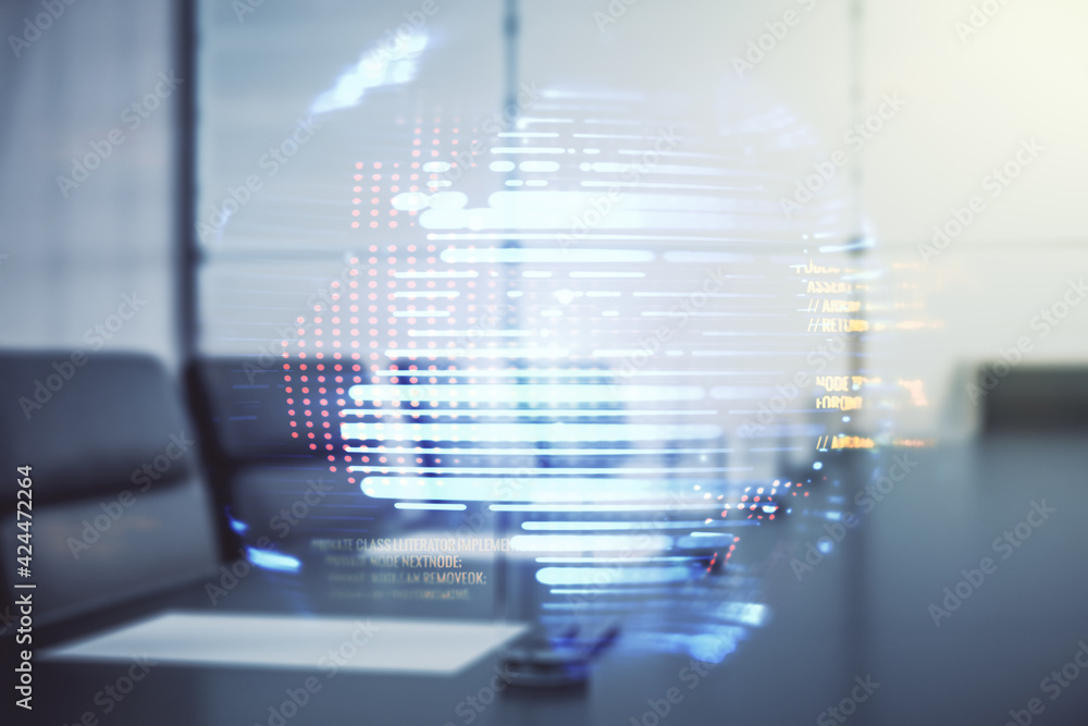 Poster multi exposure of abstract software development hologram and world map on a modern meeting room back