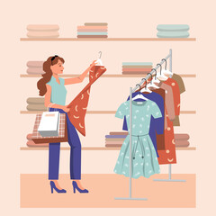 Young woman chooses dress in store. Cartoon vector illustration in flat style.