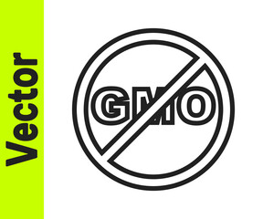 Black line No GMO icon isolated on white background. Genetically modified organism acronym. Dna food modification. Vector