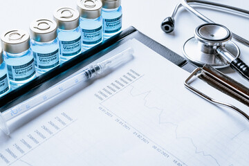 Infographic coronavirus. Doctor stethoscope, hospital healthcare infographic charts and analytic medical statistics on white background. Research data economy spreadsheet, business company concept.