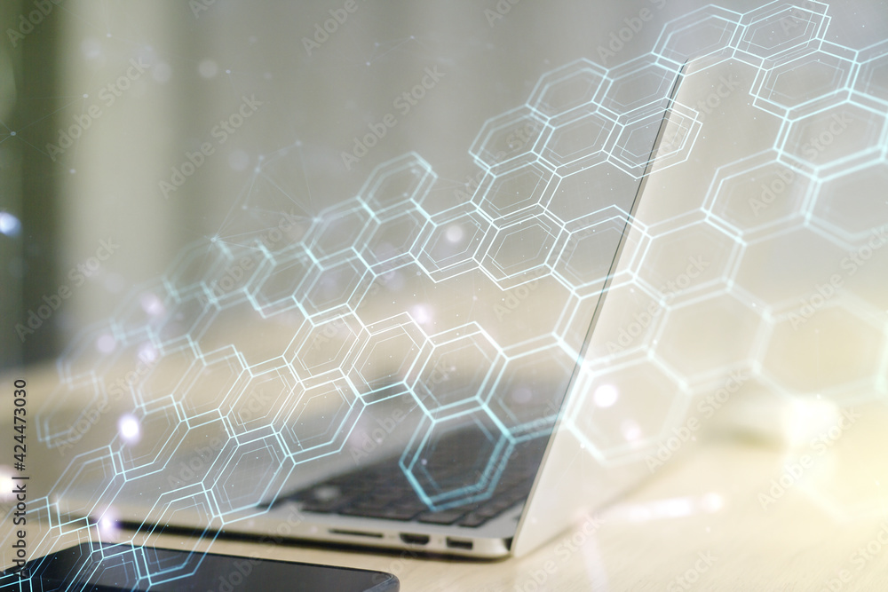 Poster creative abstract wireless technology hologram with hexagon on modern computer background, artificia