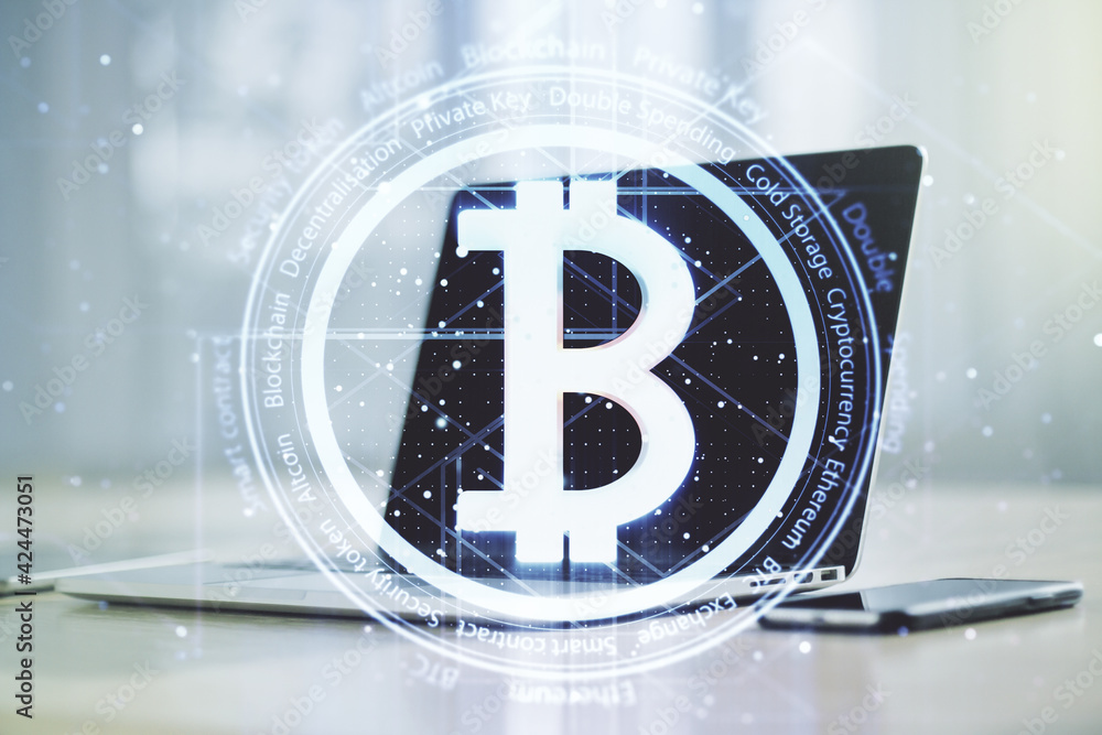 Poster double exposure of creative bitcoin symbol hologram with computer on background. mining and blockcha