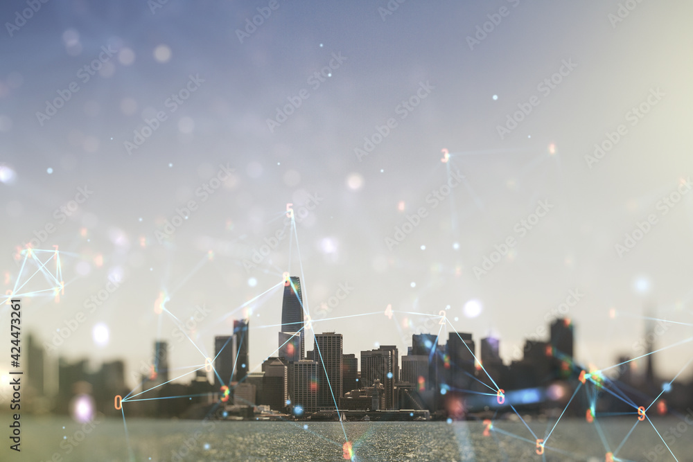 Poster abstract virtual wireless technology hologram on san francisco skyline background. big data and data