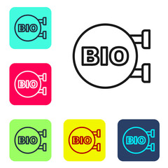 Black line Bio green healthy food icon isolated on white background. Organic product. Healthy food sticker. Set icons in color square buttons. Vector