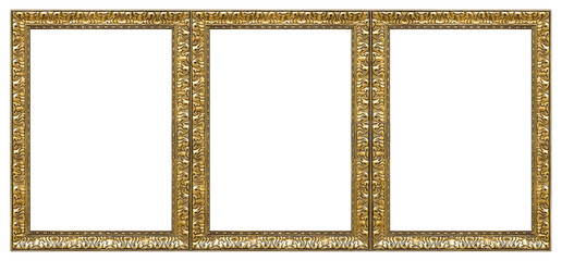 Triple golden frame (triptych) for paintings, mirrors or photos isolated on white background....
