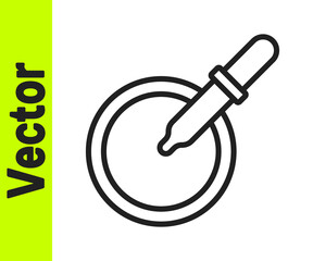 Black line Petri dish with pipette icon isolated on white background. Vector