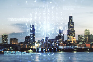 Abstract virtual code skull illustration on Chicago skyline background. Hacking and phishing...
