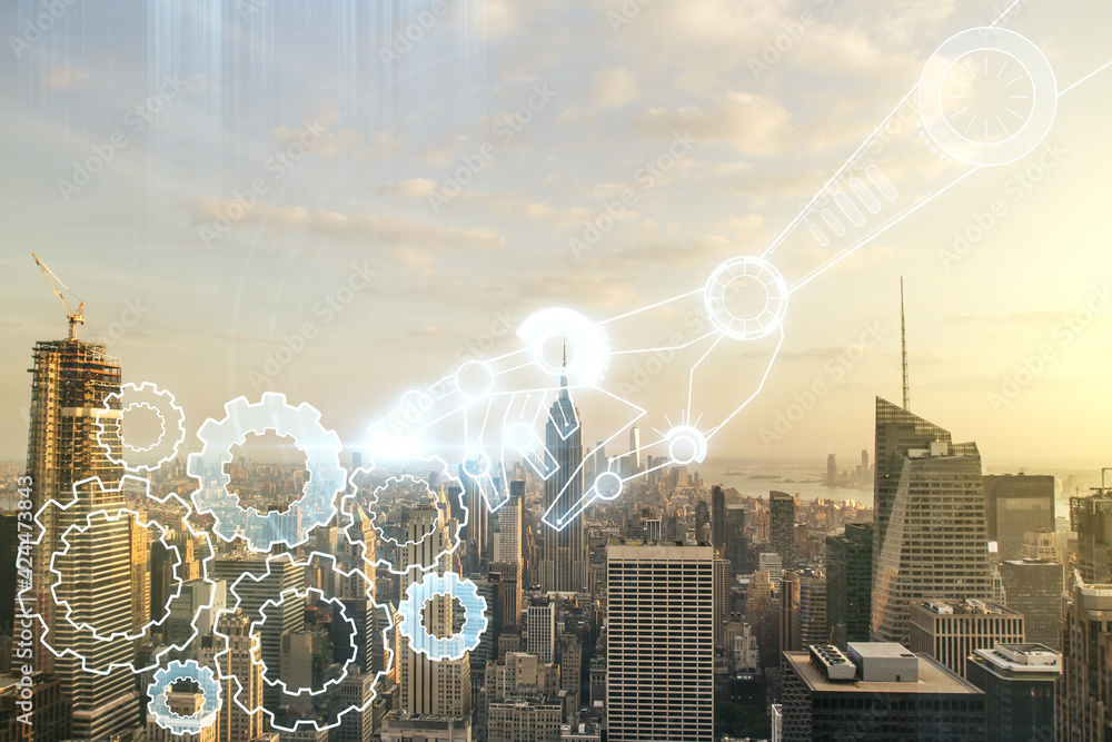 Aufkleber abstract virtual robotics technology hologram on new york city skyline background. robot development