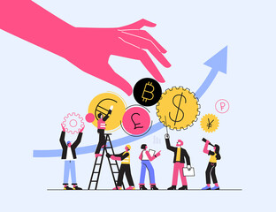 Vector illustration, cryptocurrency miner, trader, stock Exchange digital currency exchange. Finance, digital money market, cryptocoin wallet, stock exchange, online money transfer