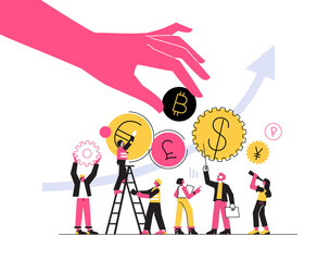 Mobile money transfer vector concept. Hand takes bitcoin. Exchange coins, online banking, bank deposit. Vector illustration