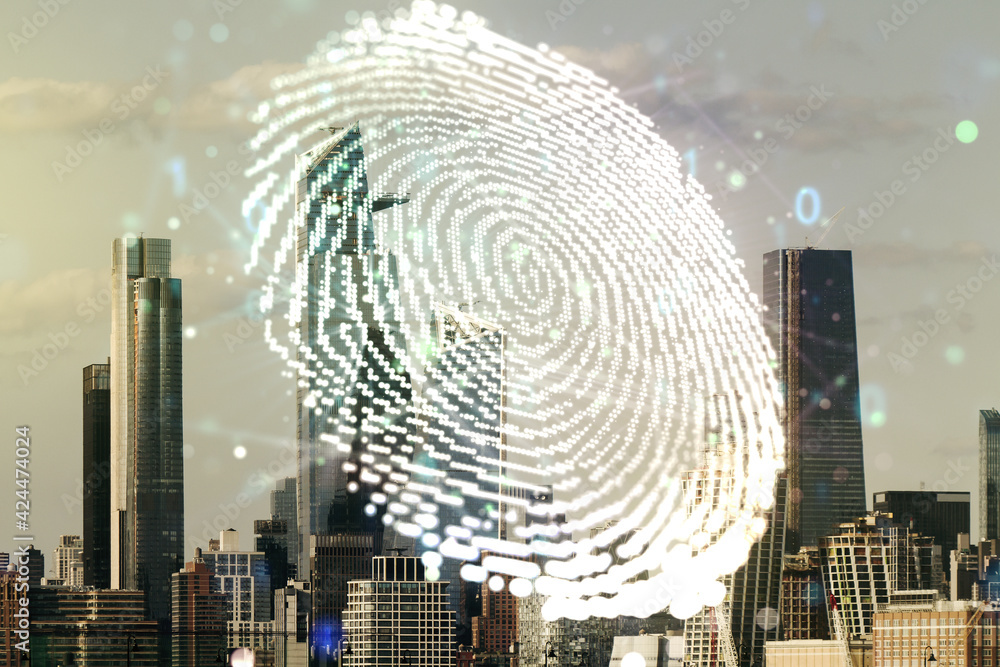 Aufkleber Multi exposure of virtual graphic fingerprint sketch on Manhattan cityscape background, fingerprint scan data concept