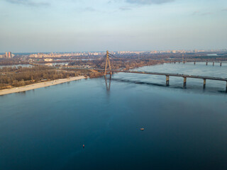Obraz premium Dnieper River in Kiev. Aerial drone view.