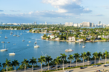 Beautiful view of MacArthur Causeway, Venetian Islands at Biscayne Bay in Miami, Florida, United States of America.