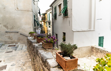 Fototapeta na wymiar Porto Venere, Liguria, Italy. June 2020. Typical secondary alley in the heart of the town: they are called carruggio. Houses close together and pots with ornamental plants lend a distinctive charm.
