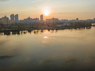 Sunset over Kiev. Aerial drone view.
