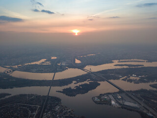 Sunset over the Dnieper River in Kiev. Aerial high view.