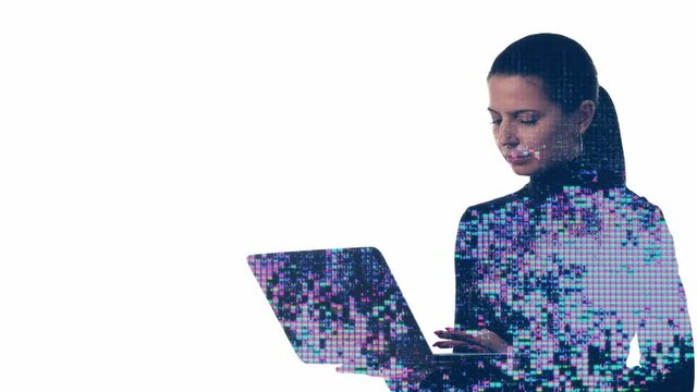 Network search. Digital world. Internet technology. Cyber connection. Silhouette woman scrolling laptop double exposure glitch computer pixel lights isolated on white copy space.