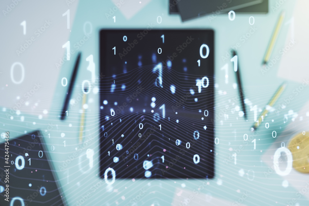 Poster creative concept of binary code illustration and modern digital tablet on background, top view. big 