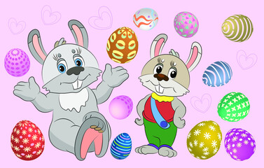 Graphic image of Easter eggs and a bunny on a light background. Vector image.