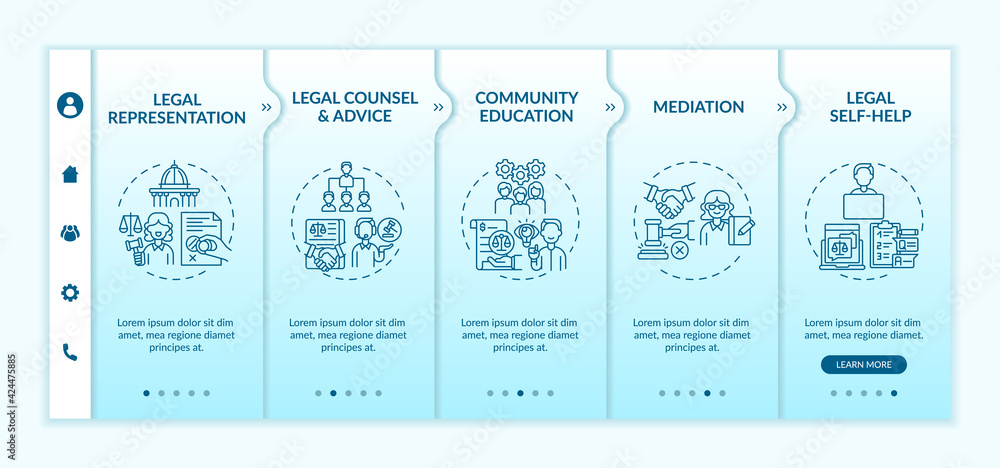 Aufkleber legal services categories onboarding vector template. responsive mobile website with icons. web page