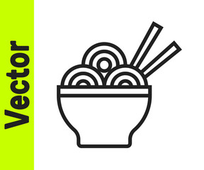 Black line Asian noodles in bowl and chopsticks icon isolated on white background. Street fast food. Korean, Japanese, Chinese food. Vector