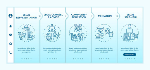 Fototapeta na wymiar Legal services categories onboarding vector template. Responsive mobile website with icons. Web page walkthrough 5 step screens. Community education color concept with linear illustrations