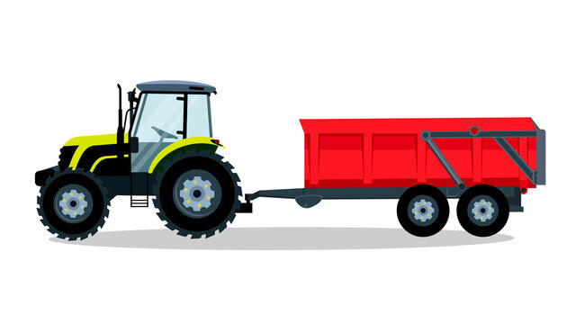 Flat tractor with trailer on a white background. Light green tractor icon - vector illustration. Agricultural tractor - farm transport in flat style. Farm tractor with waggon icon illustration.