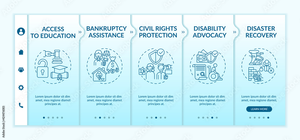 Aufkleber legal services types onboarding vector template. responsive mobile website with icons. web page walk