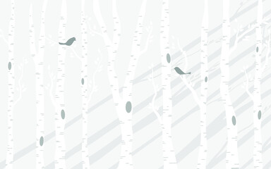 White Branch Trees or Naked trees silhouettes set. Hand drawn isolated illustrations. Snowy forest background style.