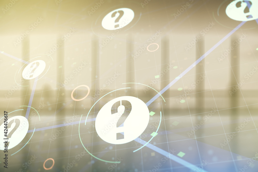 Aufkleber Abstract virtual question mark illustration on empty corporate office background. FAQ and search concept. Multiexposure