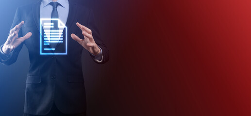 Businessman man holding a document icon in his hand Document Management Data System Business...