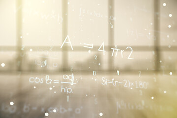 Double exposure of scientific formula hologram on empty modern office background, research and...